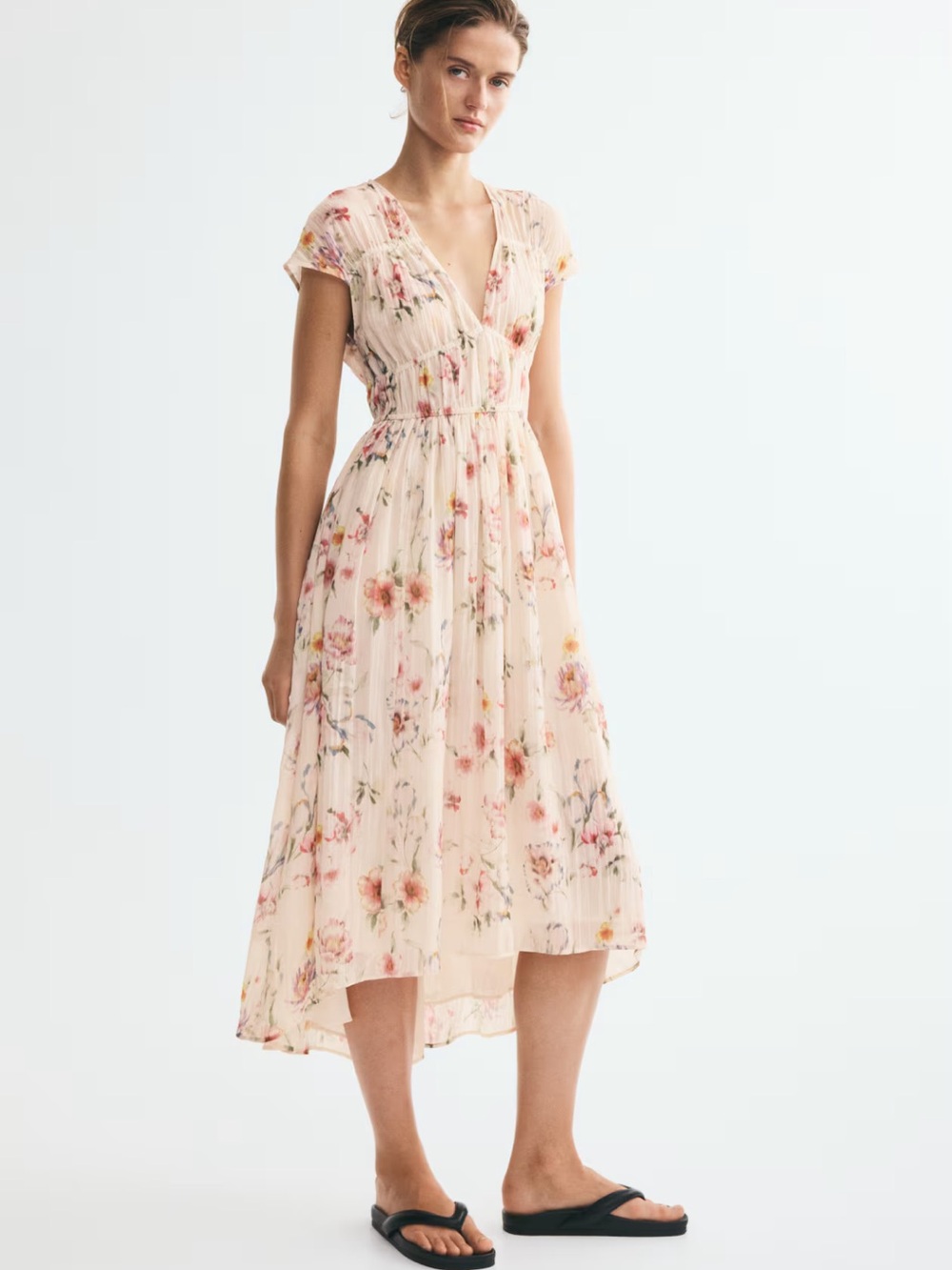 H&M Blush Floral V-Neck Midi Dress